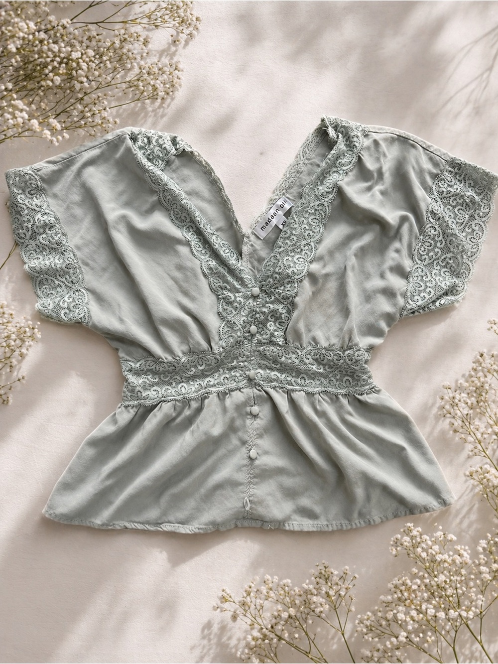 Sage Lace Trim V-Neck Peplum Top